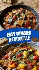 A vibrant Late Summer Ratatouille dish in a ceramic bowl