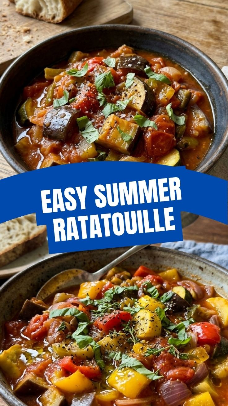 A vibrant Late Summer Ratatouille dish in a ceramic bowl