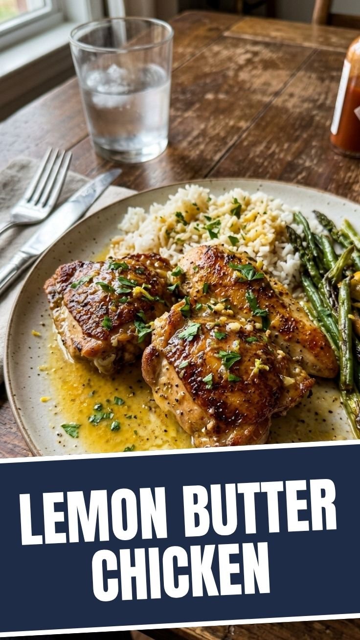 Lemon Butter Chicken searing in a skillet with garlic and fresh lemons
