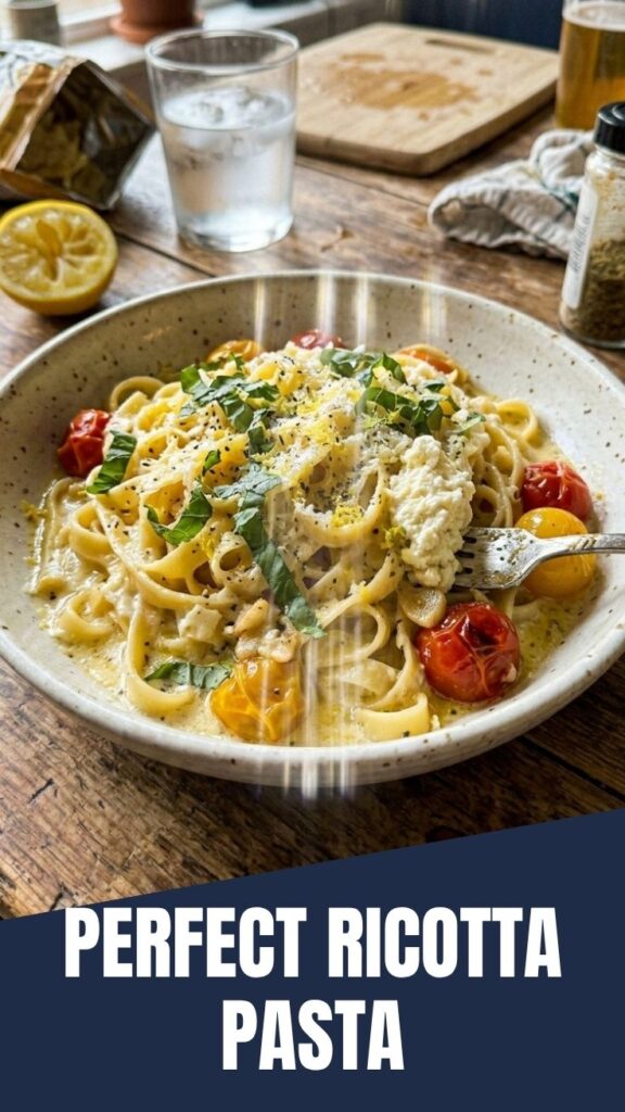 A serving of lemon ricotta pasta in a white bowl, garnished with fresh herbs.