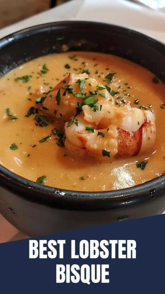 A steaming bowl of savory lobster bisque, garnished with fresh herbs.