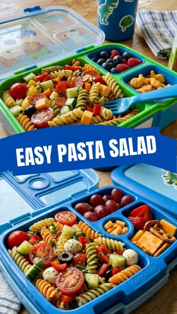 A colorful lunchbox pasta salad, perfect for kids' meals.