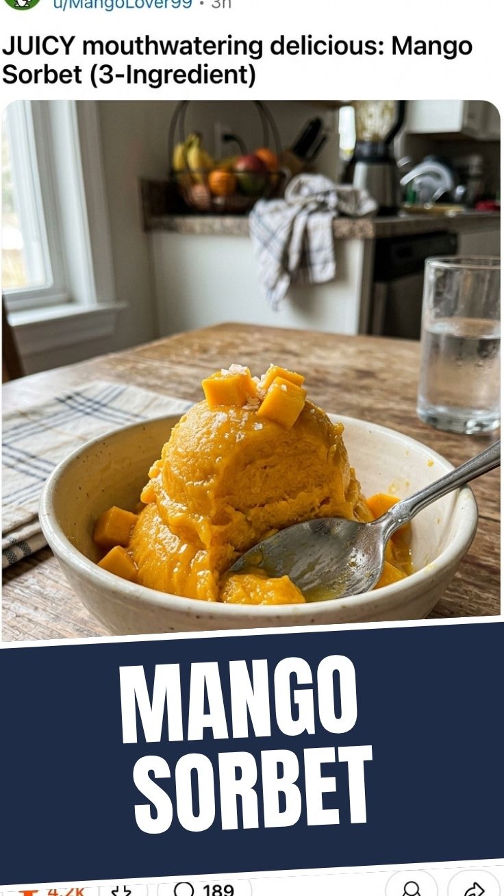 A vibrant yellow 3-ingredient mango sorbet in a bowl.