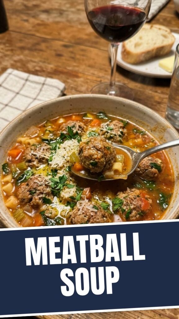 A bowl of savory Italian meatball soup, rich with broth and vegetables.