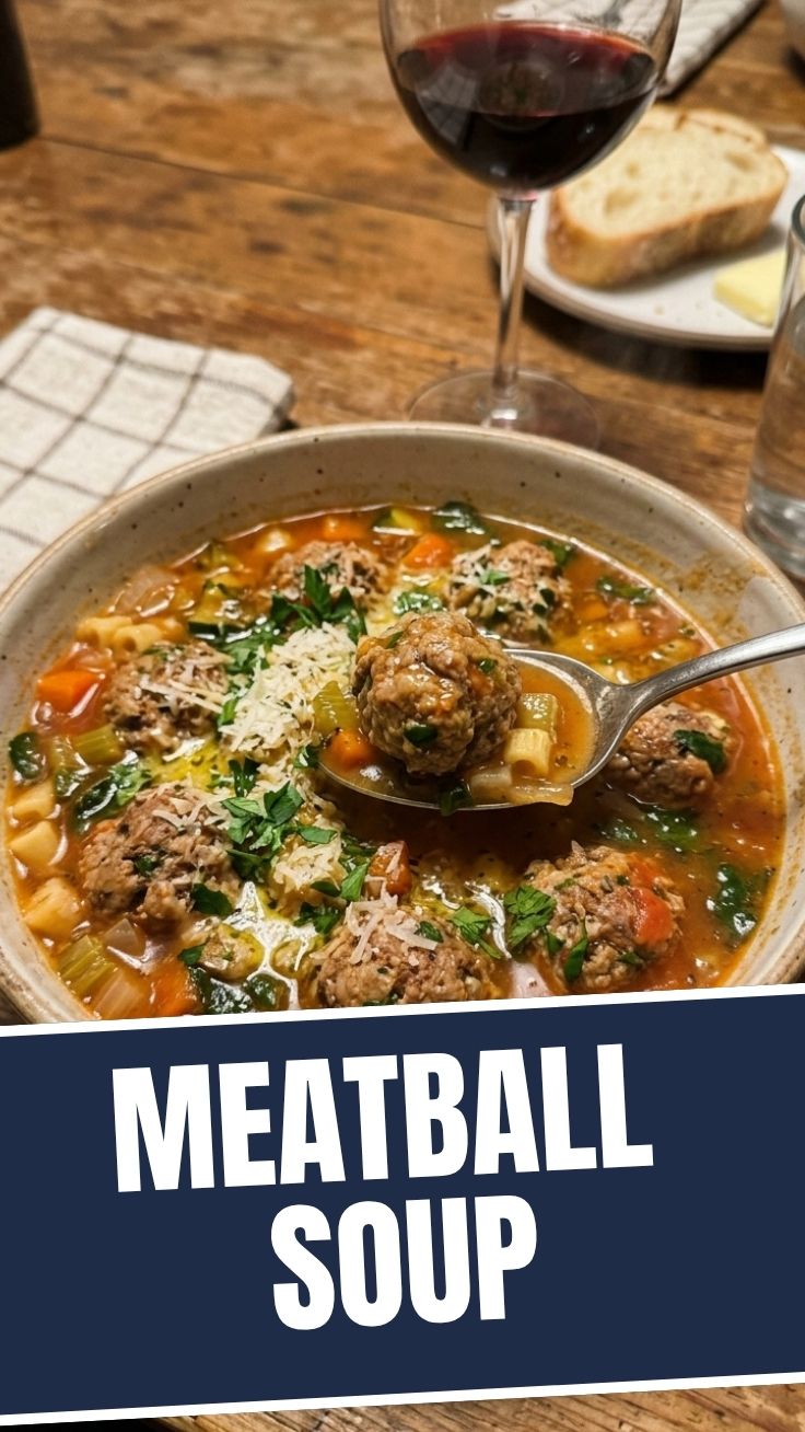 A bowl of savory Italian meatball soup, rich with broth and vegetables.
