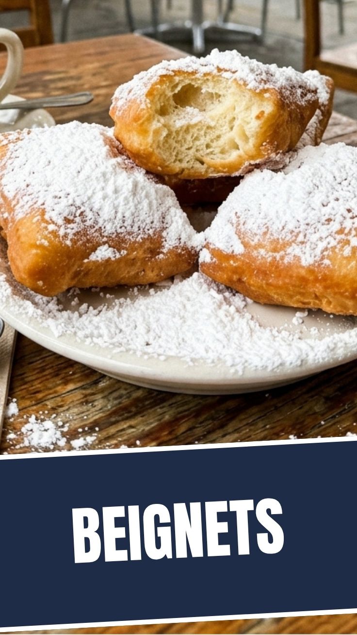 A pile of freshly fried New Orleans style beignets, dusted generously with powdered sugar, ready to be served.