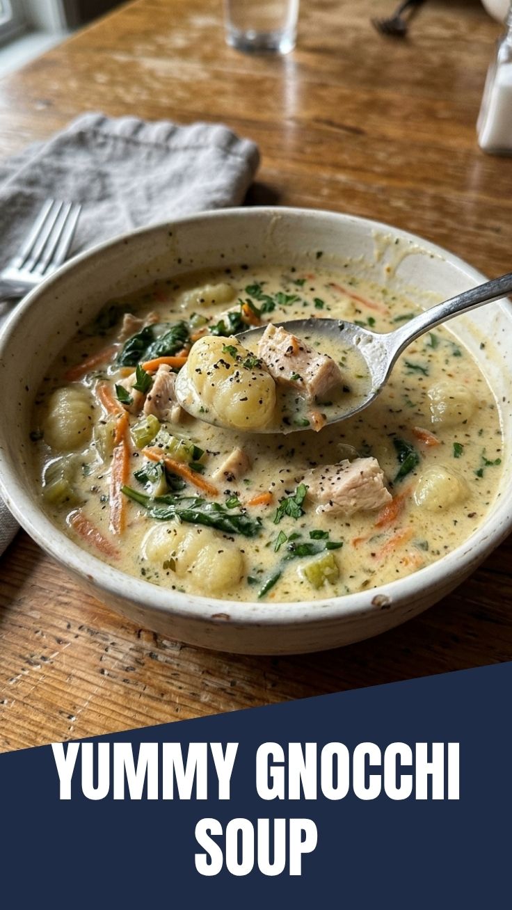 A bowl of Olive Garden style chicken gnocchi soup with a creamy broth and savory ingredients.