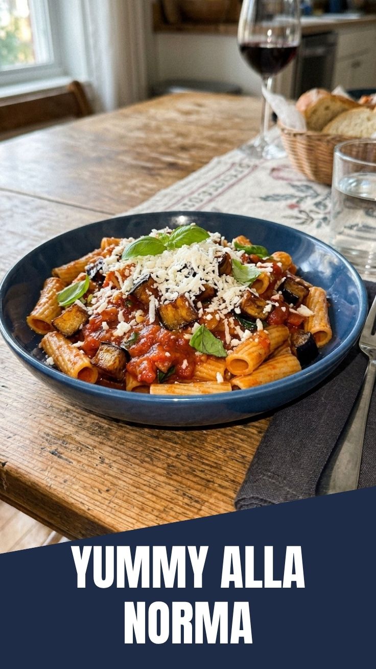 A vibrant bowl of Pasta alla Norma featuring tender eggplant and rich tomato sauce.