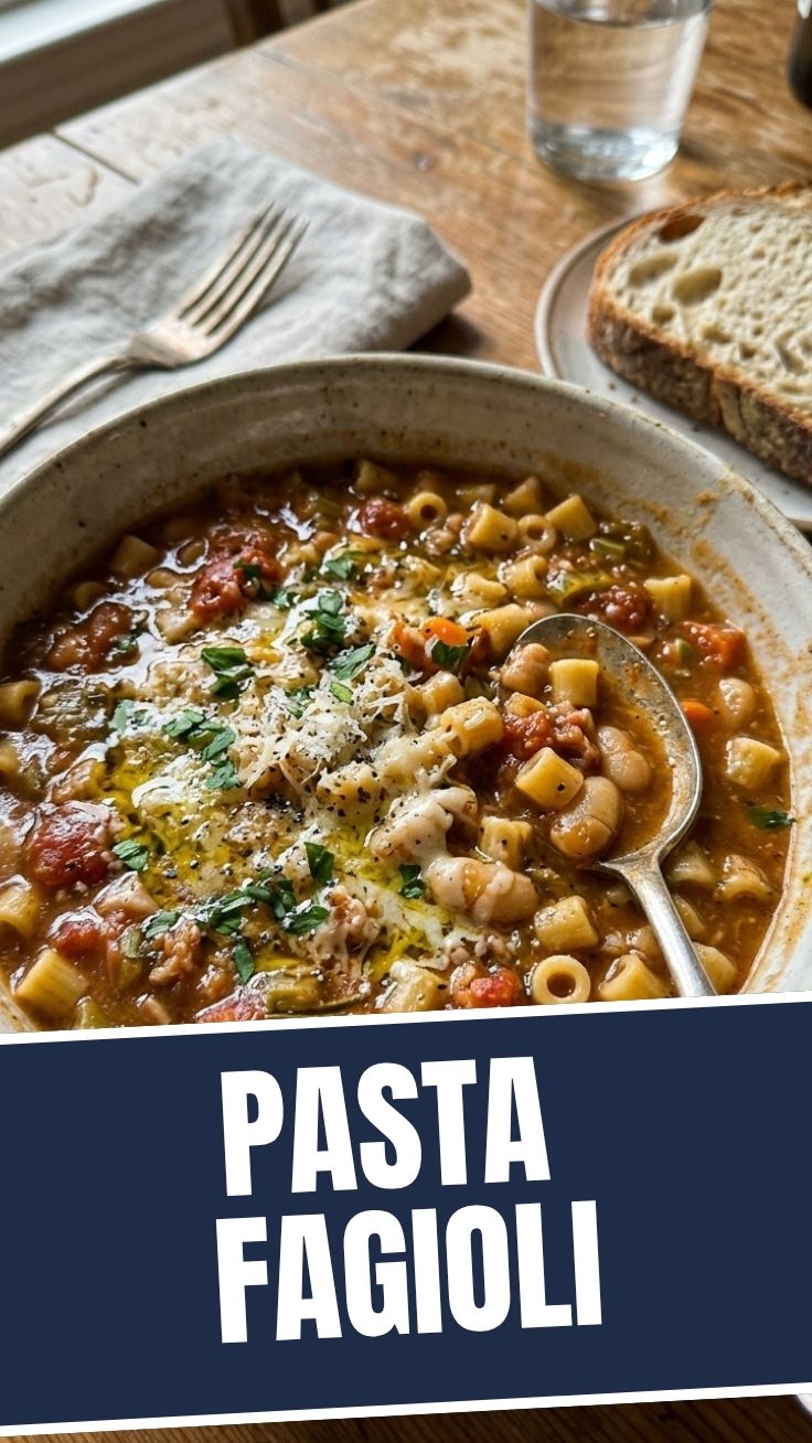 A steaming bowl of hearty Pasta e Fagioli soup with pasta and beans.