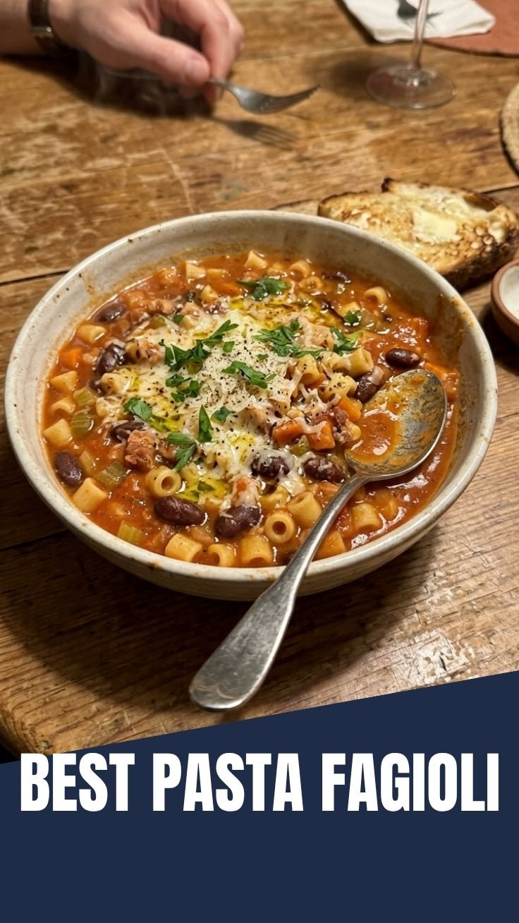 A bowl of hearty Pasta Fagioli soup with fresh parsley and Parmesan