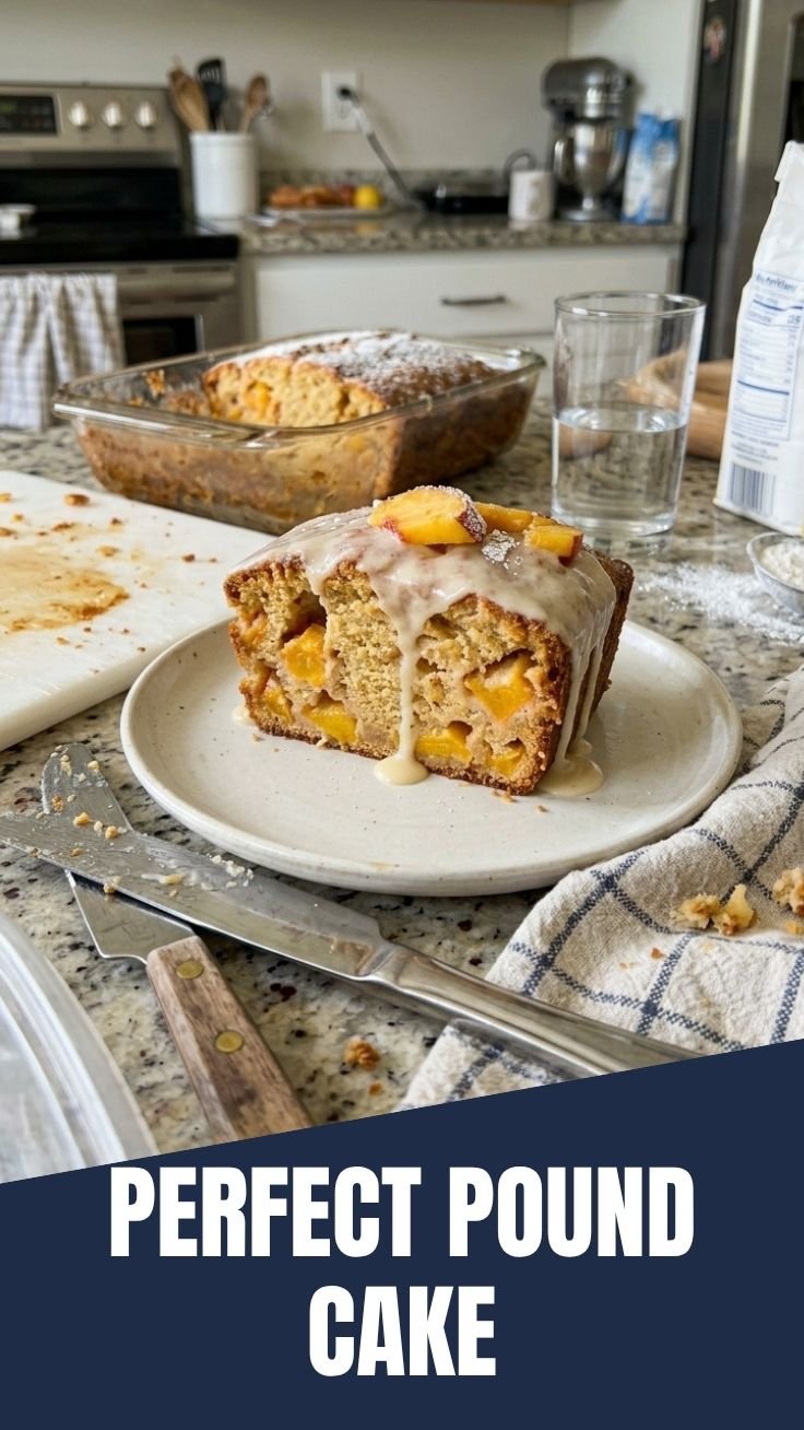 Golden brown peach pound cake with glossy glaze on a cooling rack