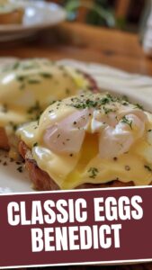 Two perfectly poached Eggs Benedict with hollandaise sauce on English muffins