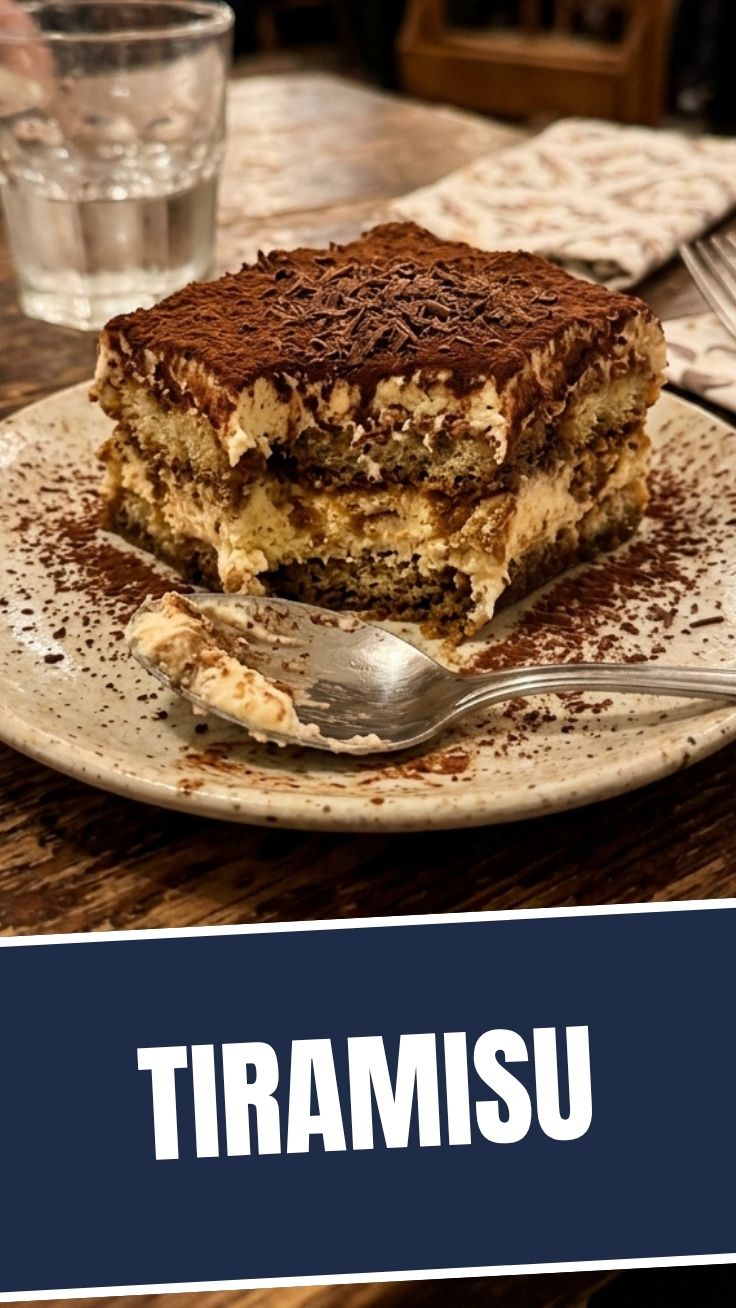 A serving of classic tiramisu in a clear glass dish, showing layers of cream and coffee-soaked ladyfingers