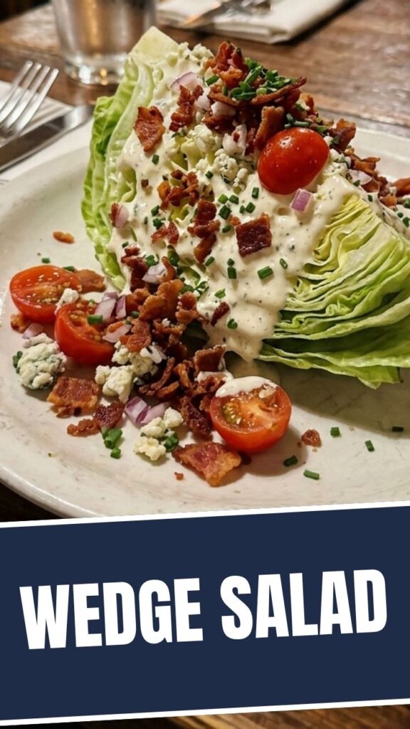 A fresh wedge salad with blue cheese dressing and bacon