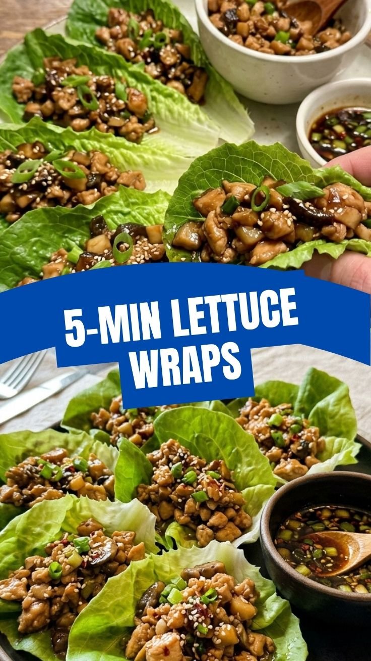 A beautifully plated serving of PF Changs style chicken lettuce wraps, with golden-brown filling inside crisp lettuce cups.