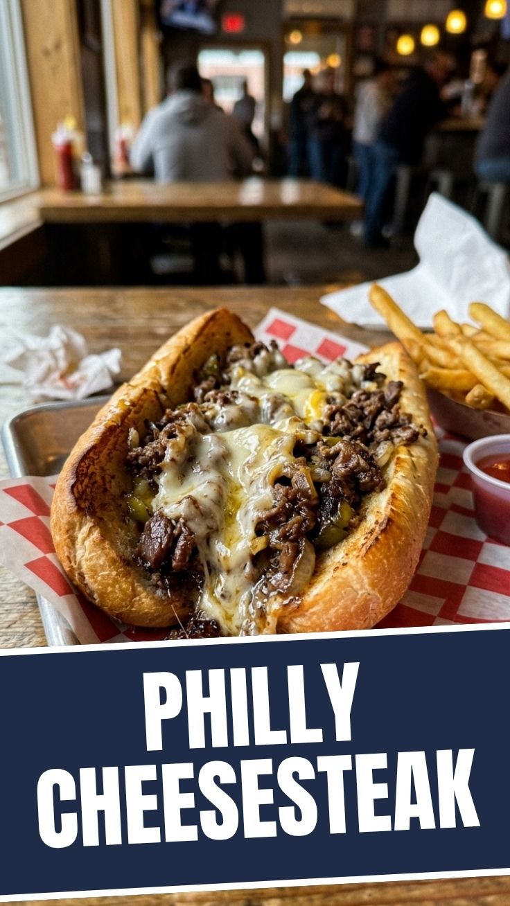A delicious, hot Philly Cheesesteak sandwich with melted cheese and thinly sliced steak