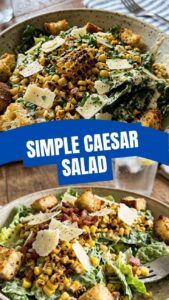 A vibrant bowl of roasted corn Caesar salad with fresh greens and croutons.