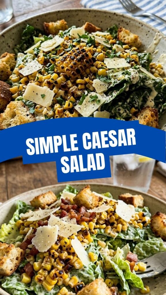 A vibrant bowl of roasted corn Caesar salad with fresh greens and croutons.