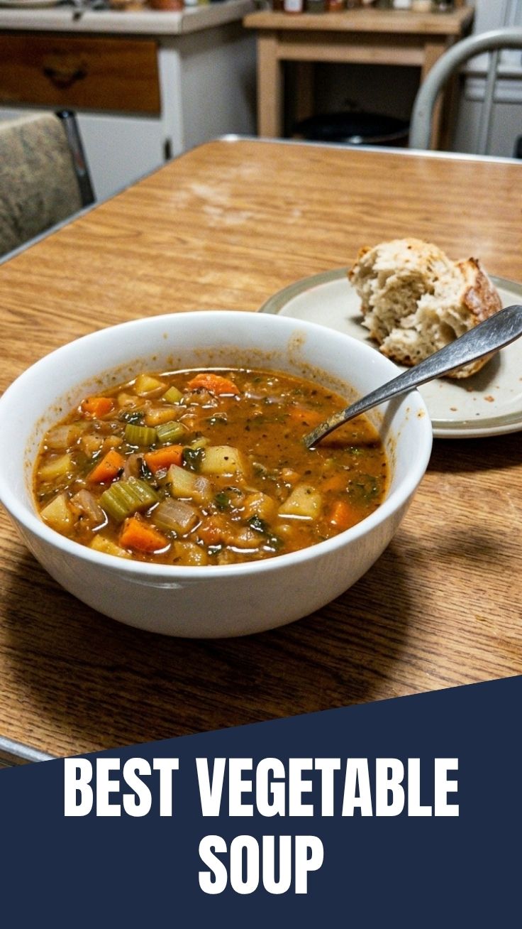 A steaming bowl of roasted vegetable soup garnished with fresh herbs.