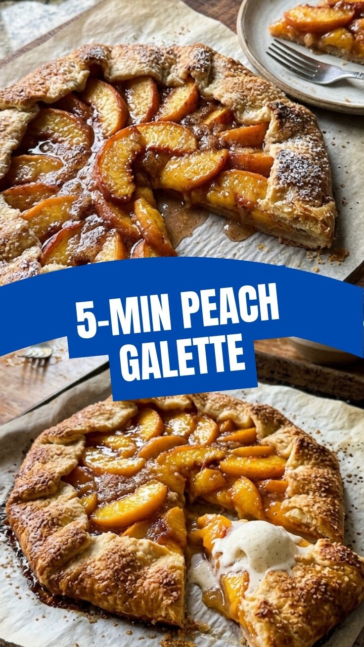 A rustic peach galette with a golden crust and juicy filling on a baking sheet.