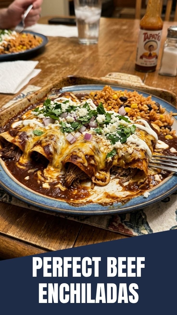 Savory beef enchiladas topped with melted cheese and cilantro