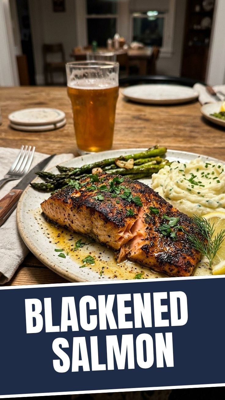 Blackened Salmon on a plate with lemon slices