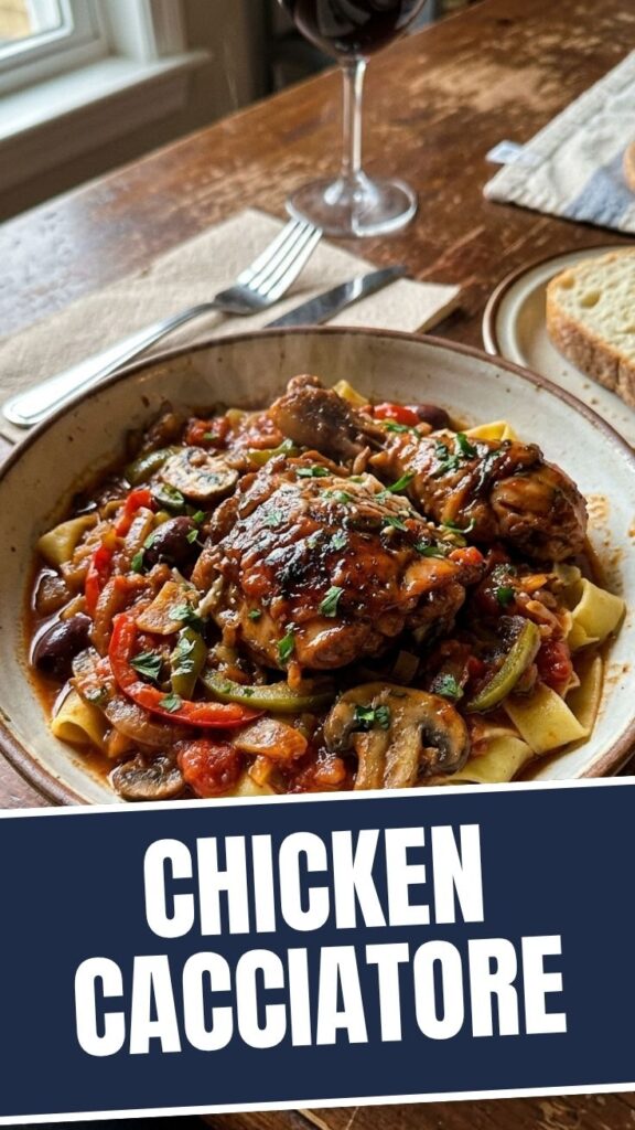 A close-up of a chicken cacciatore dish with rich tomato sauce and vegetables.
