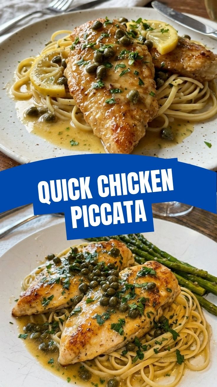 A plate of savory chicken piccata with capers and lemon slices