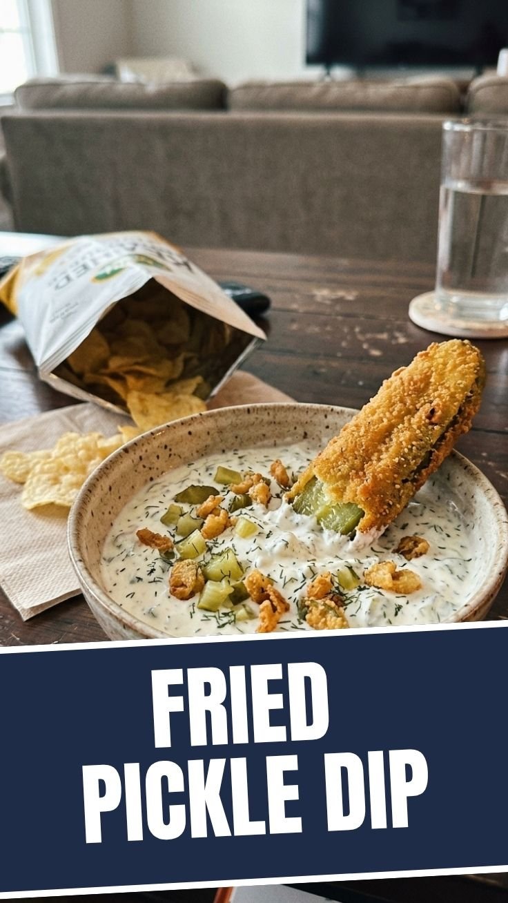 Savory fried pickle dip in a baking dish with golden topping