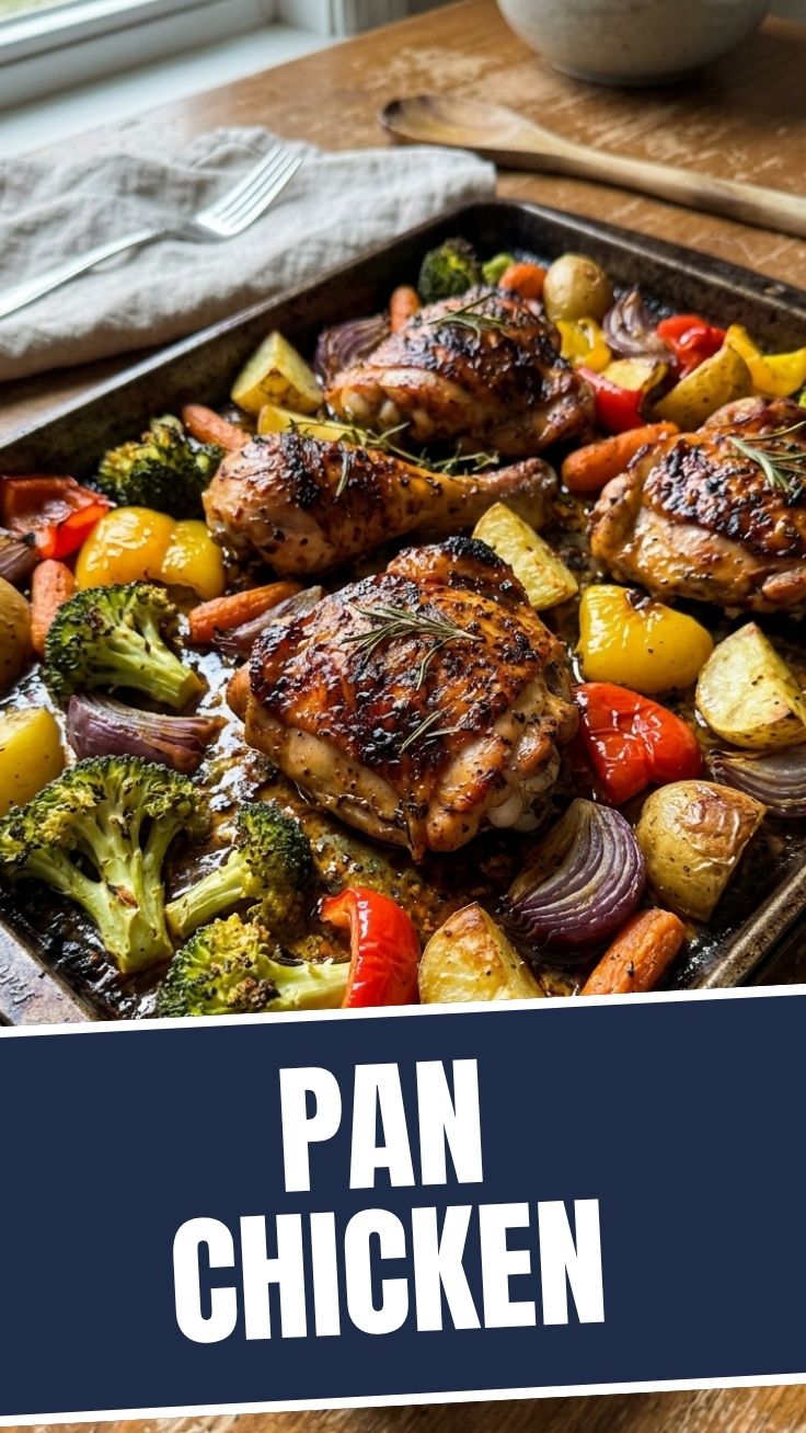 A colorful sheet pan chicken and vegetables dish, fresh from the oven, ready to serve