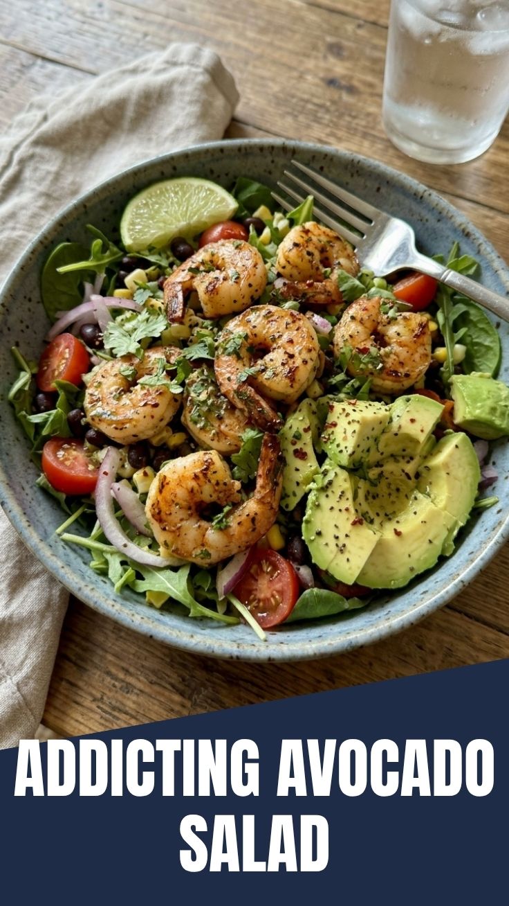 A vibrant and healthy shrimp avocado salad with fresh greens.