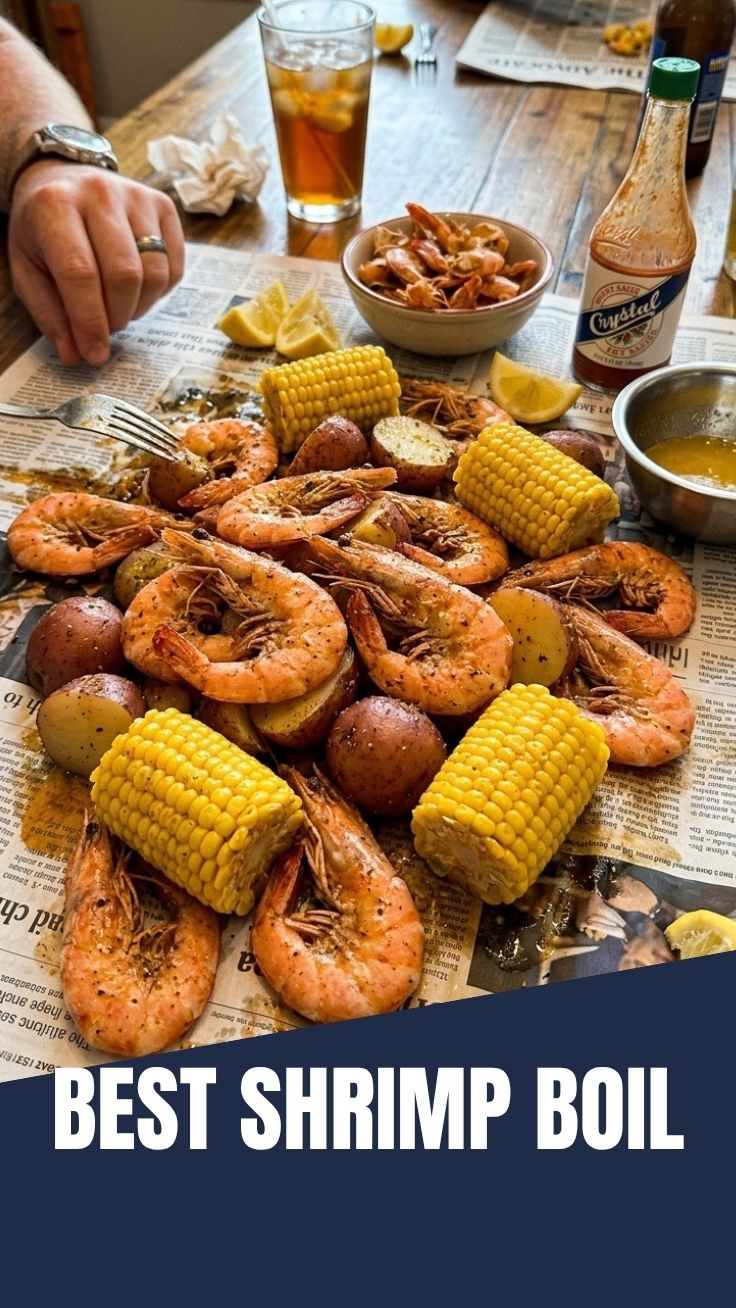 A vibrant shrimp boil piled high with corn, potatoes, and succulent shrimp, ready to be served.