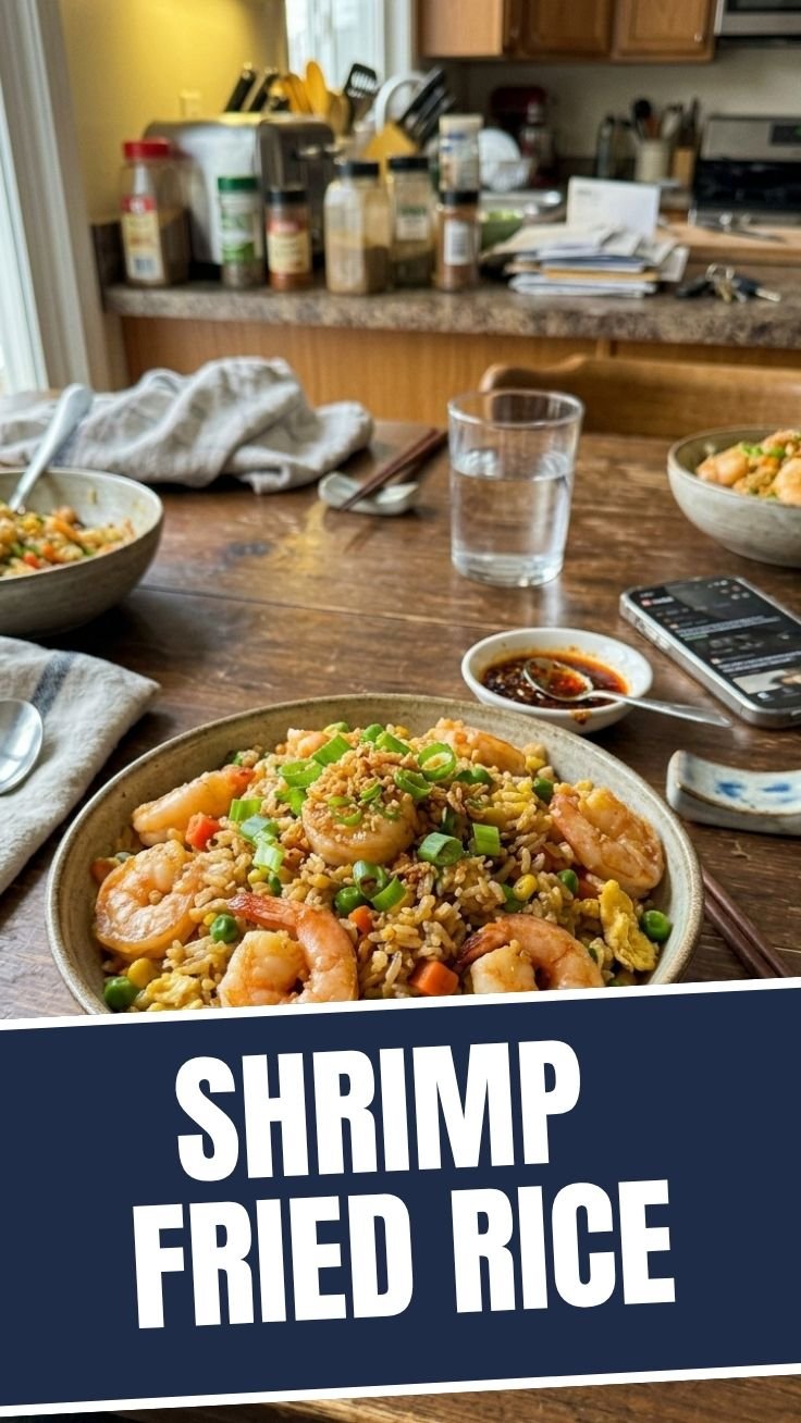 Shrimp Fried Rice in a skillet with colorful vegetables