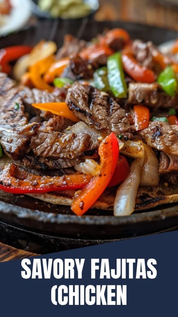 A sizzling skillet of chicken and beef fajitas with colorful peppers and onions