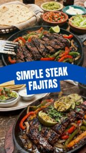 A vibrant platter of sizzling steak fajitas with colorful peppers and onions