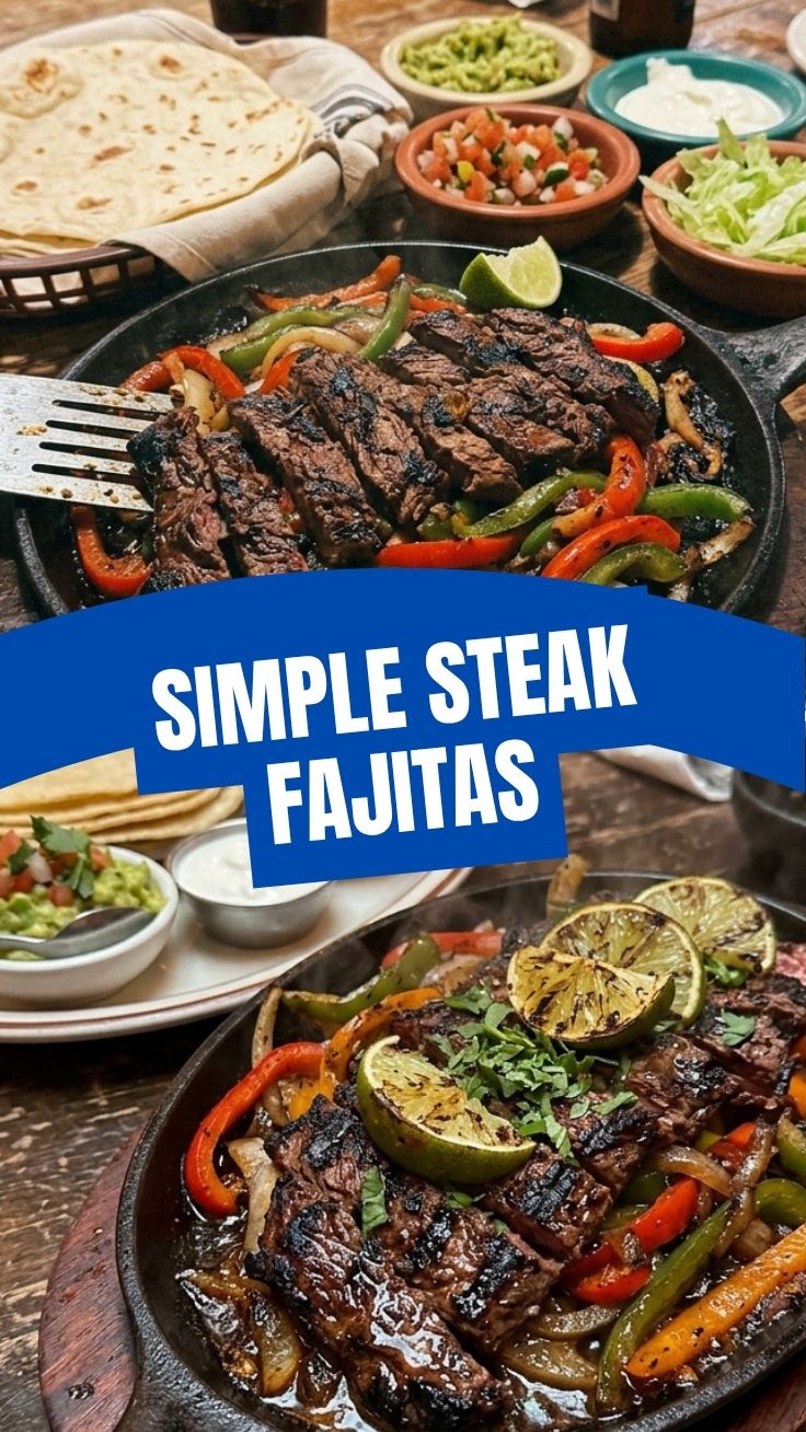A vibrant platter of sizzling steak fajitas with colorful peppers and onions