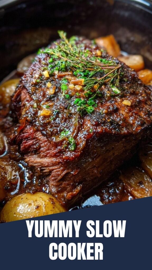 A slow cooker pot roast with carrots and potatoes, ready to serve.