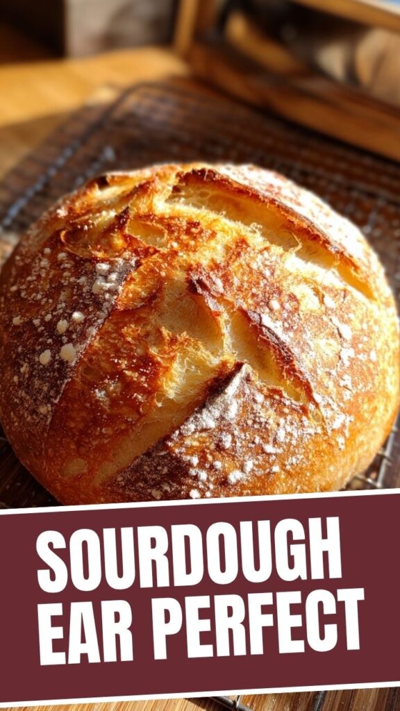 A perfectly baked, rustic sourdough bread with a golden-brown crust and a visible ear.