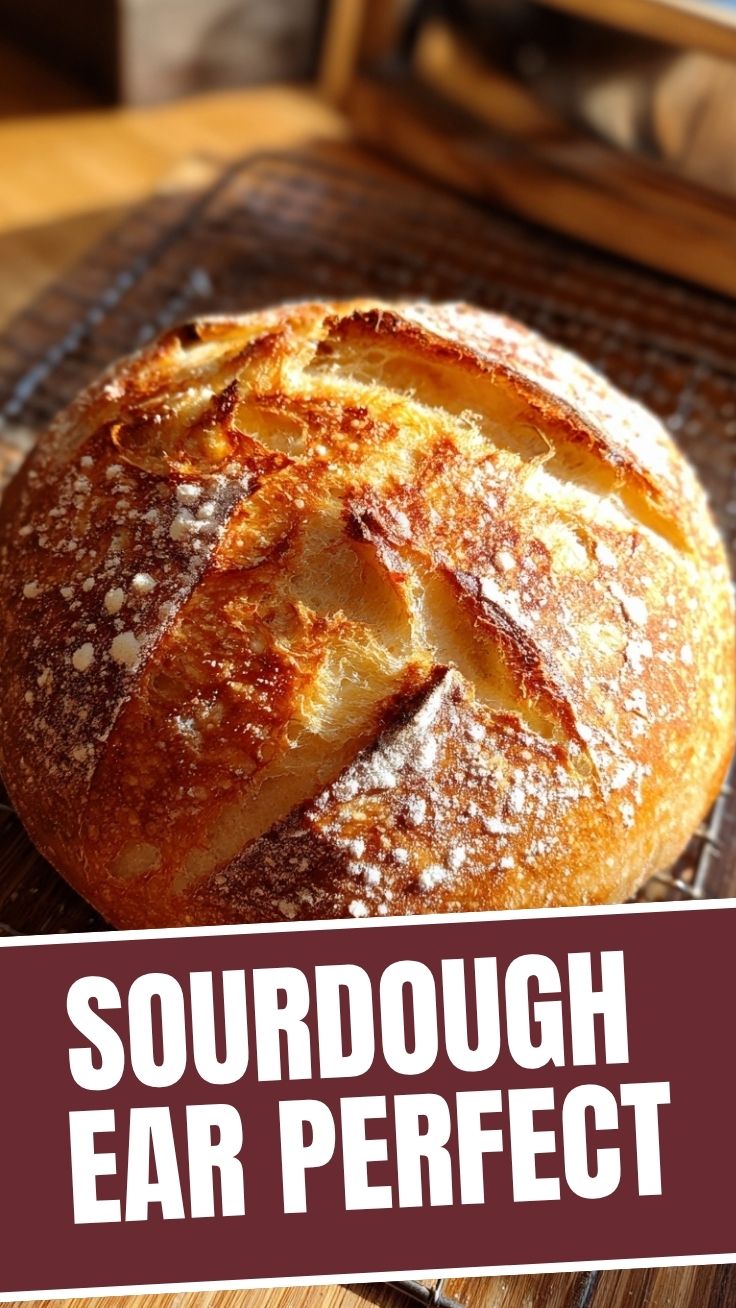 A perfectly baked, rustic sourdough bread with a golden-brown crust and a visible ear.