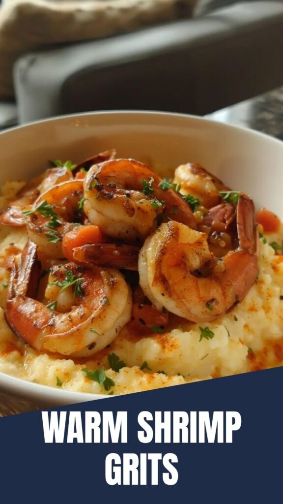 A plate of Southern shrimp and grits with a rich sauce and fresh garnishes.