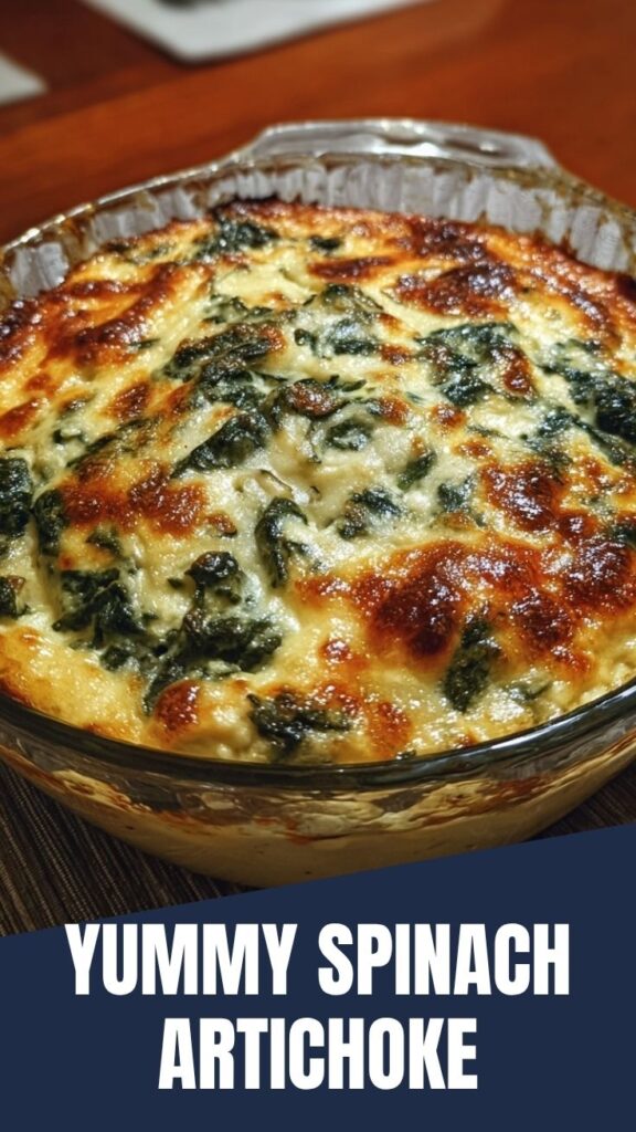 A bubbling hot dish of spinach artichoke dip, freshly baked