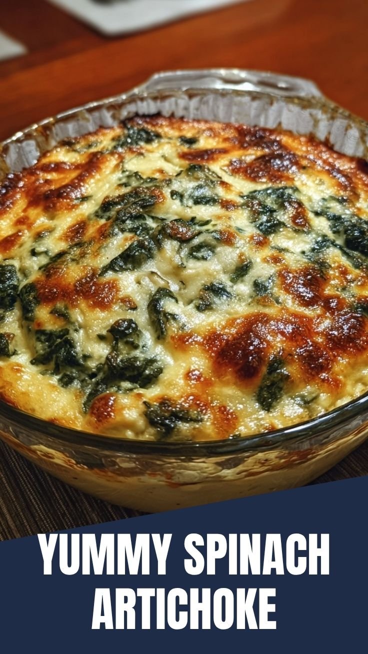 Baked spinach artichoke dip in a ceramic dish