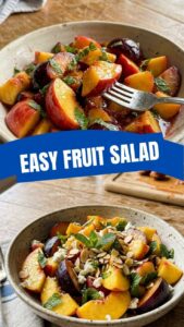 A vibrant stone fruit salad featuring peaches and plums in a decorative bowl.