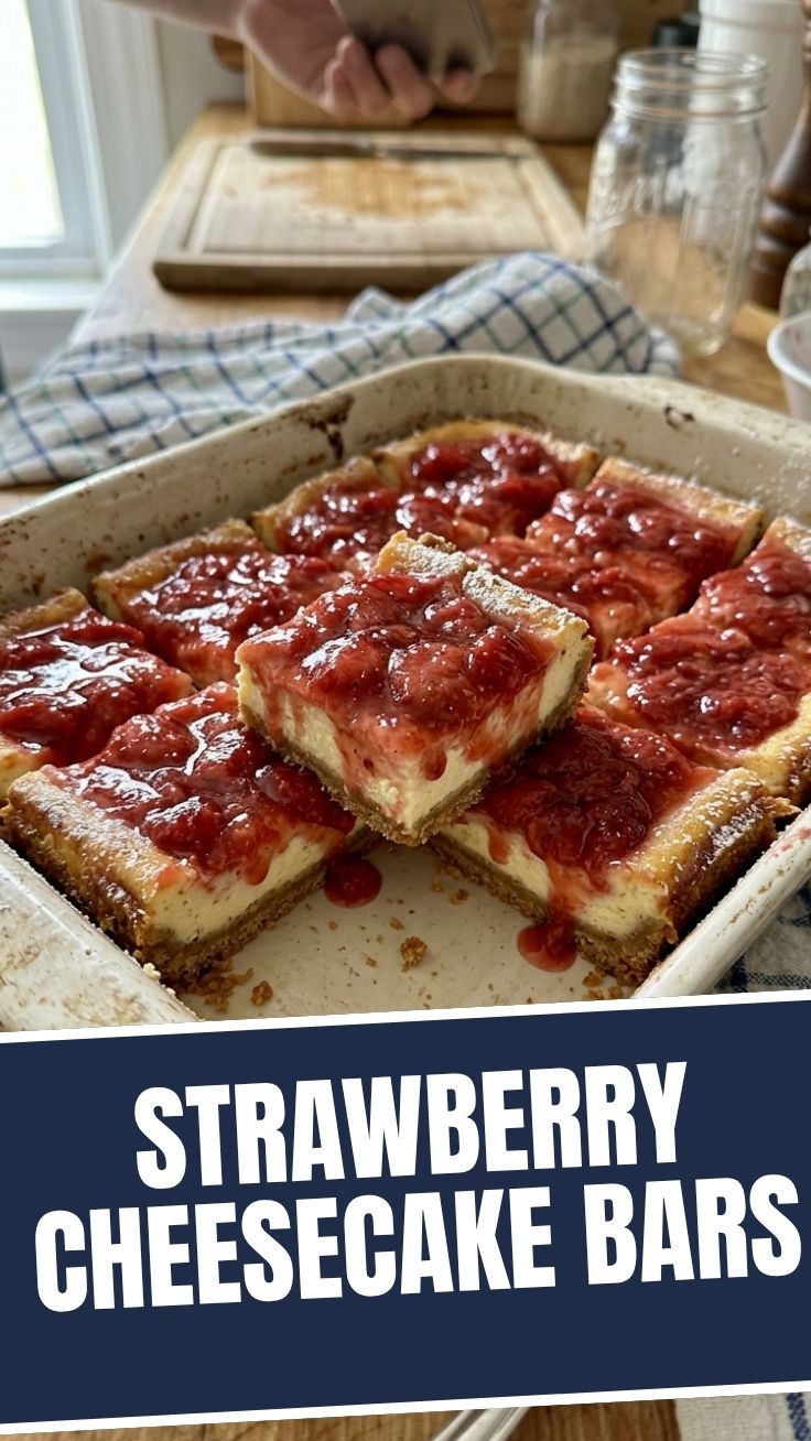 Delicious strawberry cheesecake bars with a graham cracker crust and fresh strawberry topping