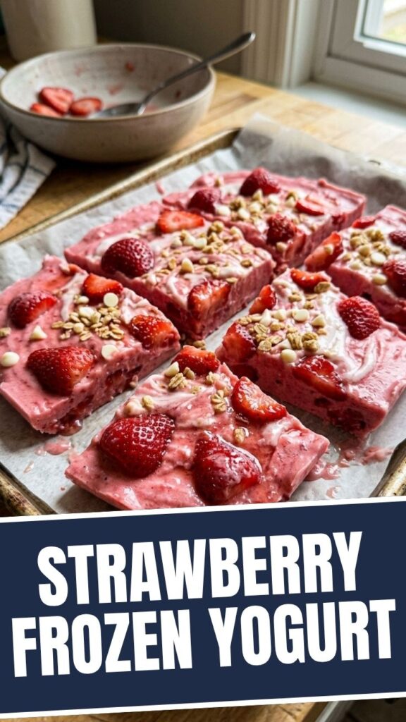 A vibrant strawberry frozen yogurt bark with berry pieces.