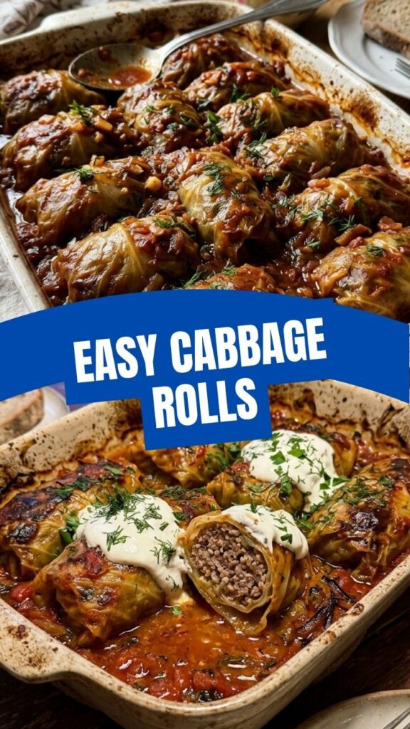 A close-up of savory stuffed cabbage rolls, garnished with fresh herbs and a tomato-based sauce.