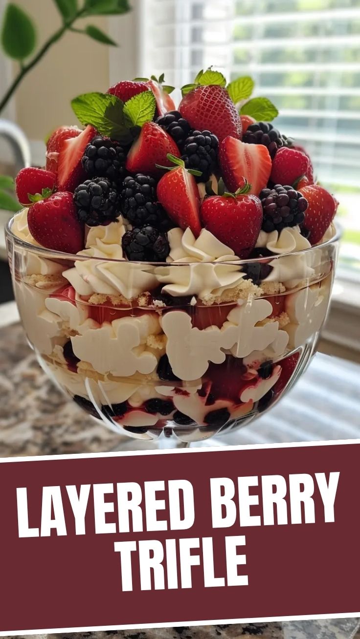 A vibrant summer berry trifle with layers of cream and fresh berries.