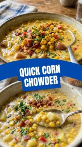 A bowl of fresh summer corn chowder with vibrant ingredients.