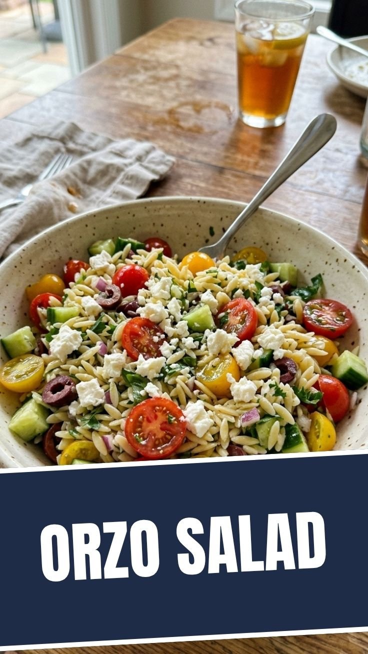 Bright summer orzo salad with cherry tomatoes, cucumber, and feta in a white bowl
