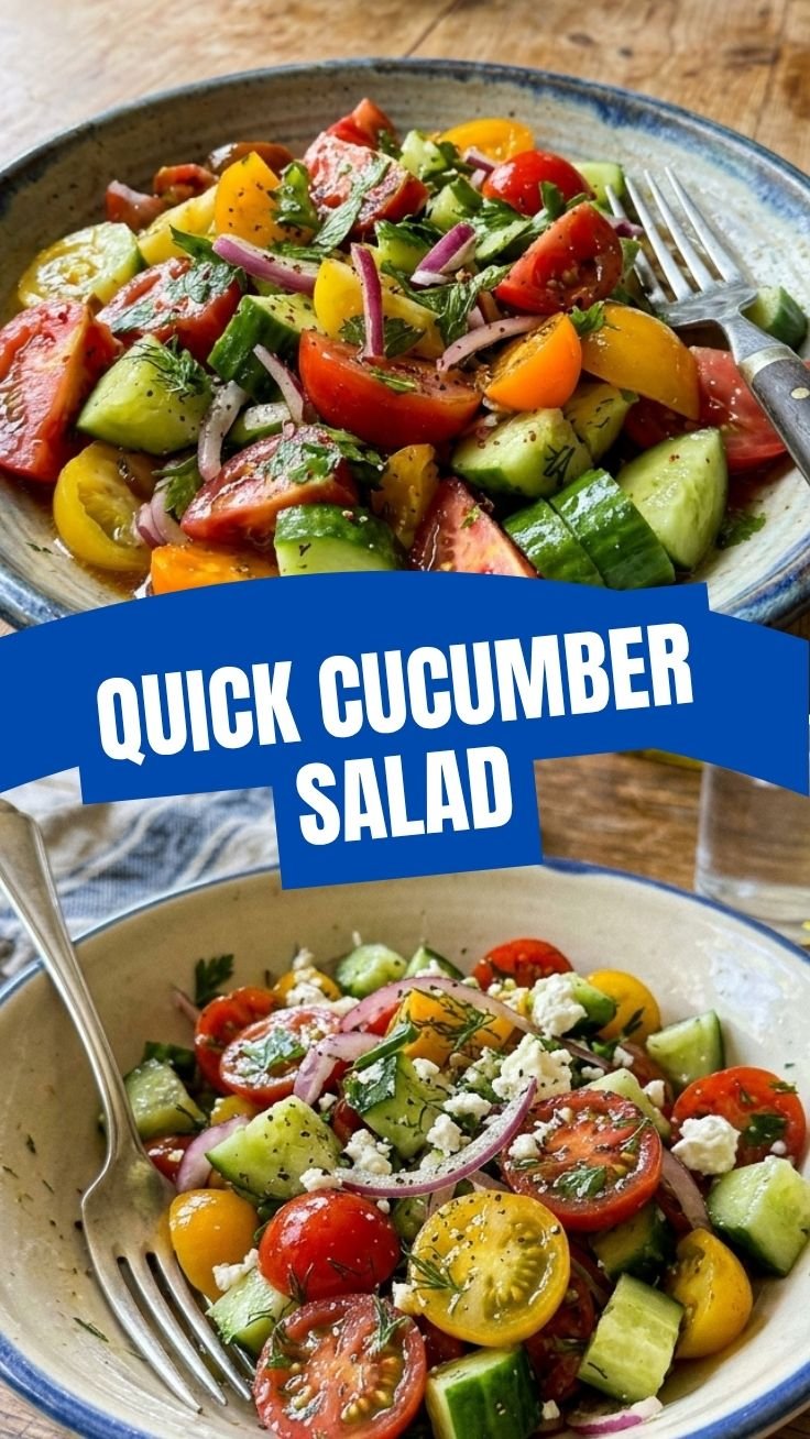 Fresh tomato cucumber salad in a white bowl